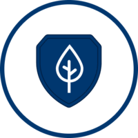 Shield with a leaf symbol inside a blue circle.