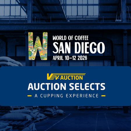 Promotional graphic for V-Auction Selects cupping at World of Coffee San Diego, featuring event branding and specialty coffee tasting invitation.