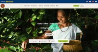 Hidden Beans Auction webpage showing a coffee farmer harvesting cherries, with navigation menu and search bar overlay.