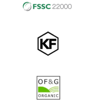 Logos of FSSC 22000, KF Kosher certification, and OF&G Organic certification.