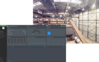 A screen of the menu of V-Interface on top of a photo of a warehouse from inside. A conveyor belt can be seen on the right side.