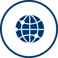 Globe icon with connected nodes inside a blue circle.