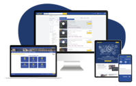 Desktop computer, laptop, tablet, and smartphone displaying the V-Connect platform interface.