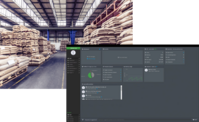A screen of the menu of V-Interface on top of a photo of a coffee warehouse
