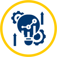 A lightbulb, gears and two arrows pointing upwards