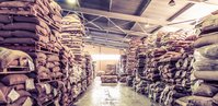 Coffee bags on pallets in the Moscow warehouse