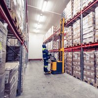 An employee is standing in front of a shelf in the cold store warehouse in Riga
