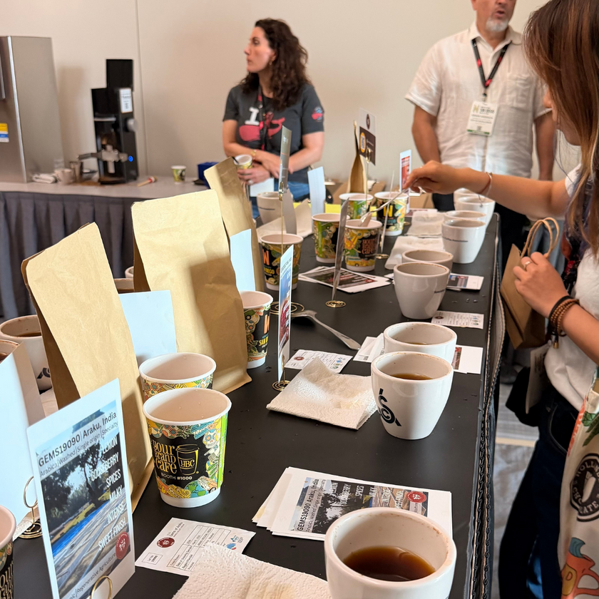Participants cupping and comparing coffees during the V-Auction Selects session at World of Coffee San Diego.
